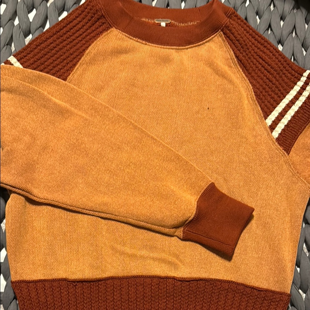 Free People Orange and Brown Crew Neck Sweater with Raglan Sleeves